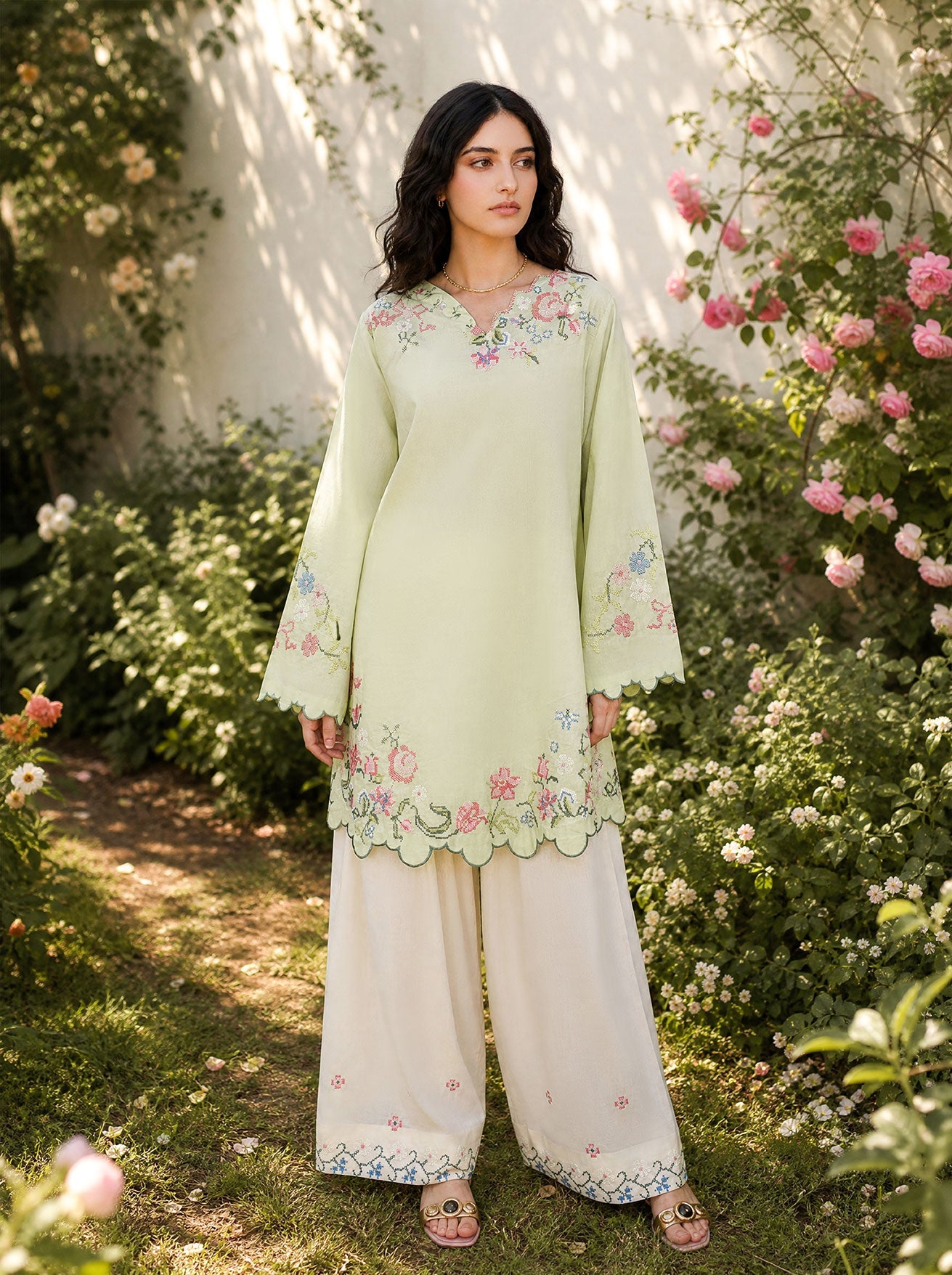 SS26DC-2626 LIGHT GREEN 2PCS  EMBROIDERED KURTA WITH TROUSER