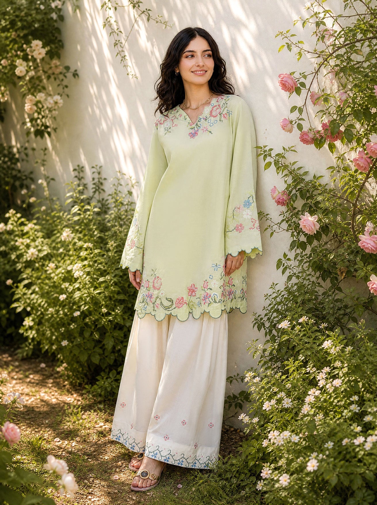 SS26DC-2626 LIGHT GREEN 2PCS  EMBROIDERED KURTA WITH TROUSER